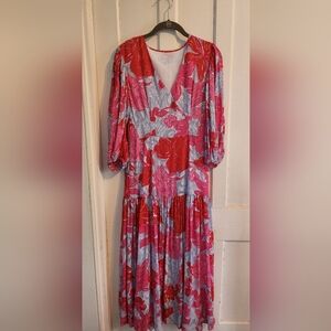 Vineyard Vines Red and Gray Tiered Bishop Sleeve Dress